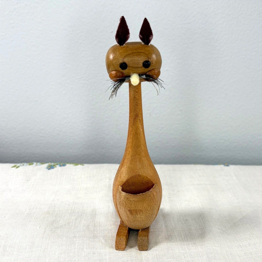 Vintage Teak Wood Mouse Toothpick Holder 1960s